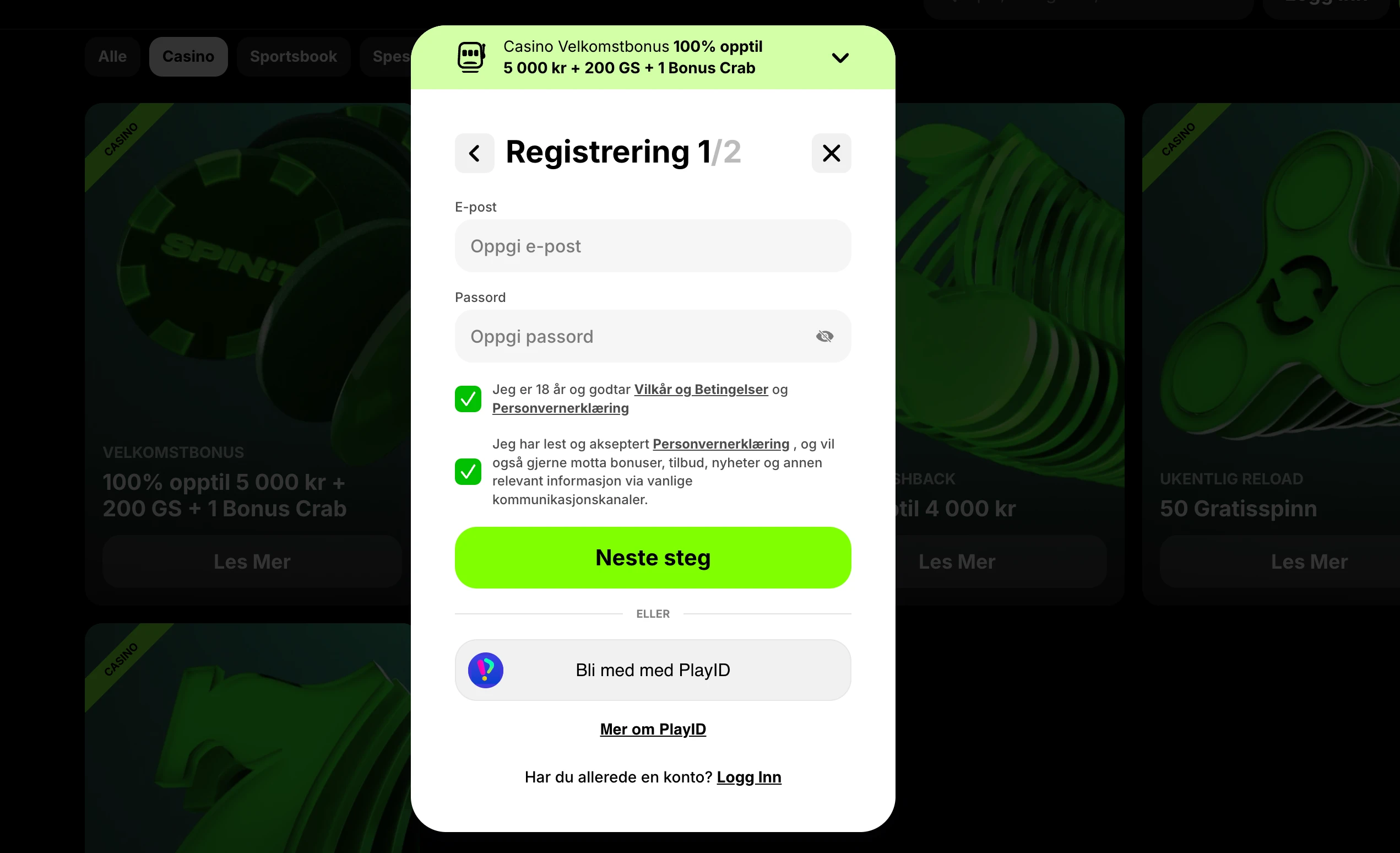 Spinit registrering og velkomstbonus
